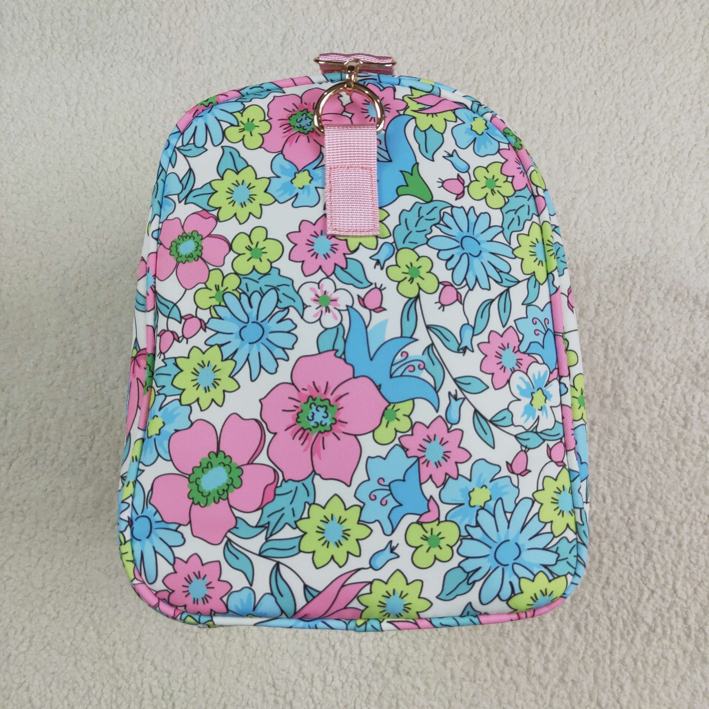 BA0291 Pink Ruffle Blue Floral Print Gym Duffle Bag 7.7