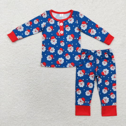 BLP0551 Boys Bamboo navy blue Santa button long sleeve pants pajamas set