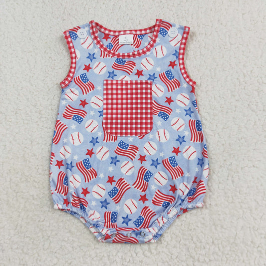 SR1563 4th of July Flag stars baseball red and white plaid pocket vest bodysuit