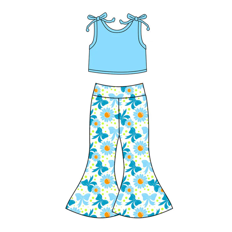 C11.21 Custom Moq 8 Baby Girls Blue Vest Shirts Top Bows Daisy Bell Bottom Clothes Sets