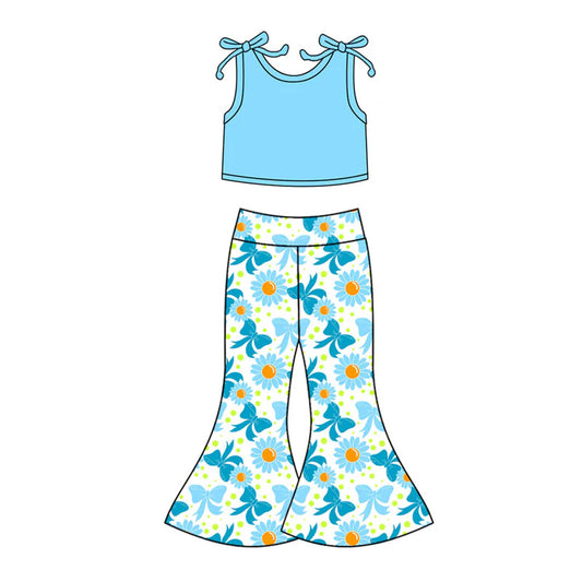 C11.21 Custom Moq 8 Baby Girls Blue Vest Shirts Top Bows Daisy Bell Bottom Clothes Sets
