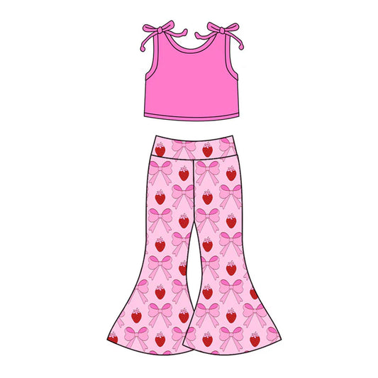 C11.21 Custom Moq 8 Baby Girls Pink Vest Shirts Top Bows Strawberry Bell Bottom Pants Clothes Sets
