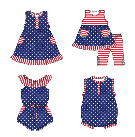 SR1299Baby Girls Stars 4th Of July Stripes Summer Pockets Shorts Jumpsuits Preorder