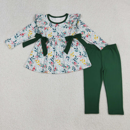 GLP2476 Baby Girls Long Sleeves Floral Bows Tunic Dark Green Legging Pant Set C10.8