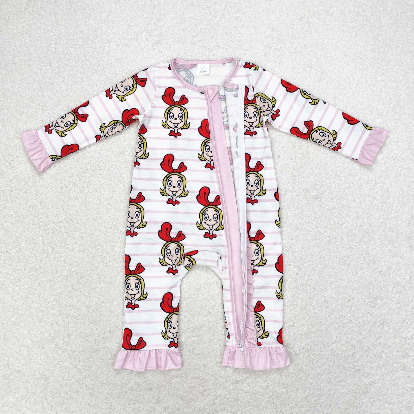 LR1001 Bamboo Girls Pink striped lace zipper long sleeve onesie