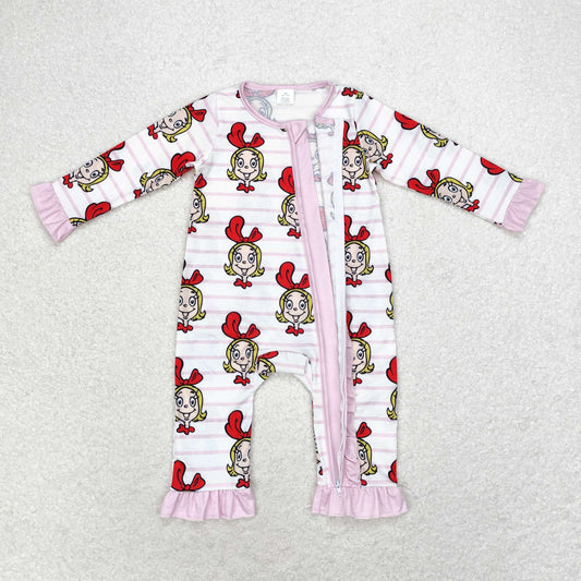 LR1001 Bamboo Girls Pink striped lace zipper long sleeve onesie