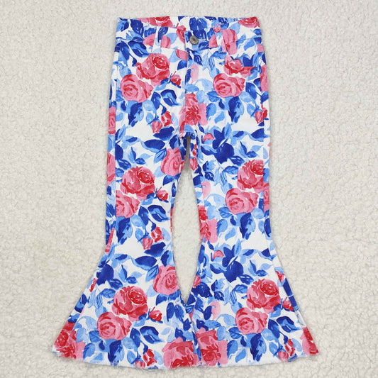 P0466 Pink flowers blue leaves White denim pants