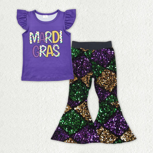 GT0814+P0359 Baby Girls Mardi Gras Top Colorful Sequin Pants Clothes Set