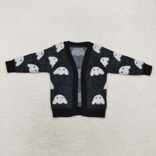 GT0649 Girls Halloween Ghost black long-sleeved cardigan sweater