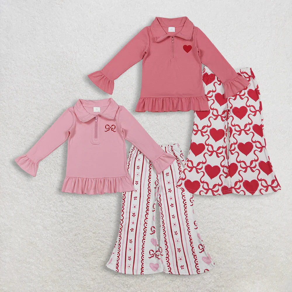 Sibling Baby Girls Embroidery Hearts Bows Zip Pullovers Flare Pants Valentines Clothes Sets C11.21