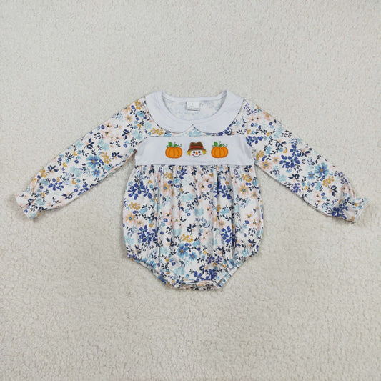 LR2246 Embroidery  LR2246 Baby Girls Long Ruffle Sleeves Pumpkins Floral Romper C8.23