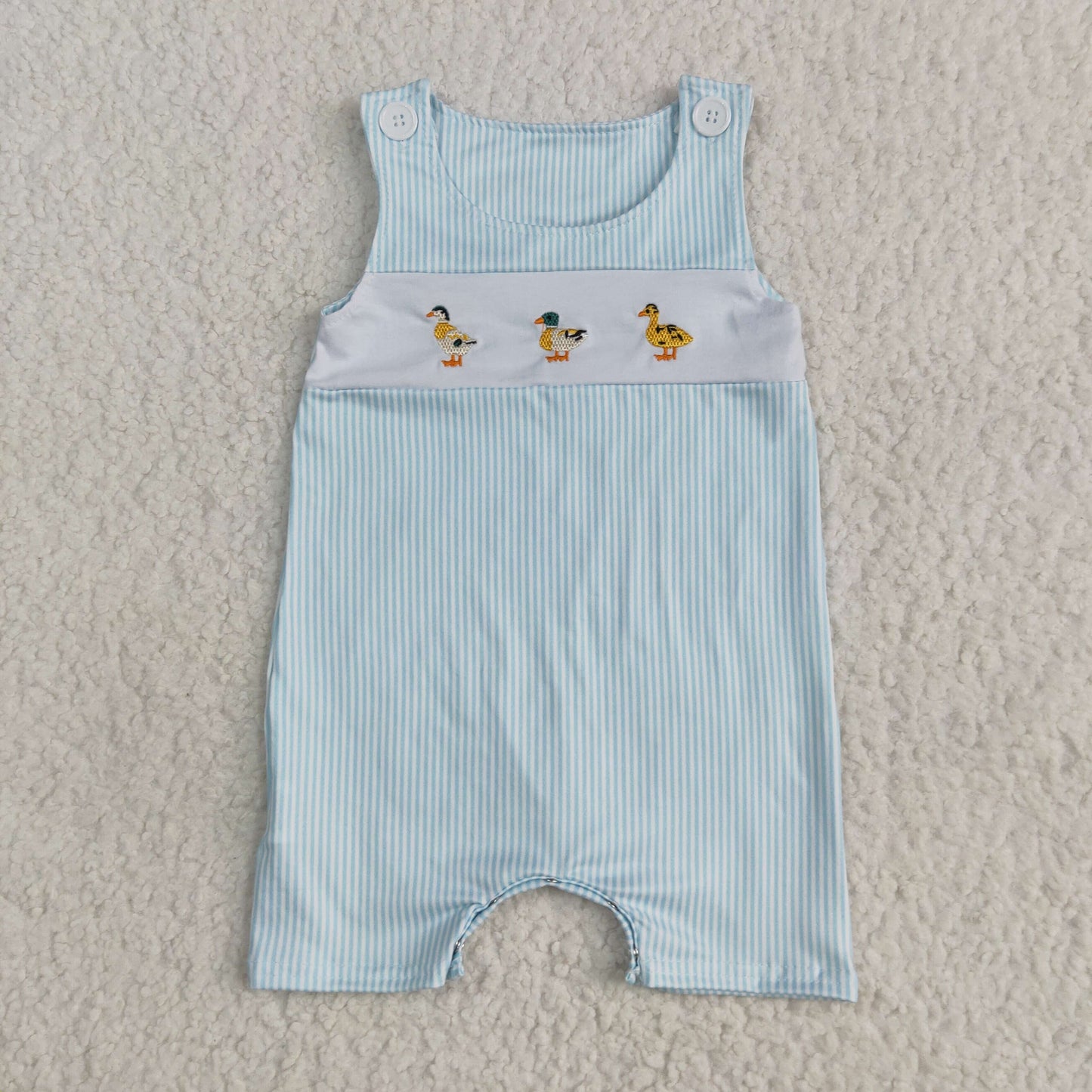 SR2991 Embroidery Baby Infant Boys Blue Stripe Sleeveless Ducks Button Romper 5.13
