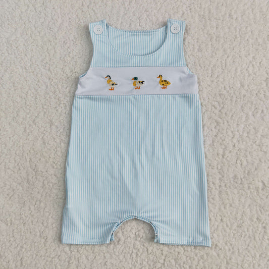 SR2991 Embroidery Baby Infant Boys Blue Stripe Sleeveless Ducks Button Romper 5.13