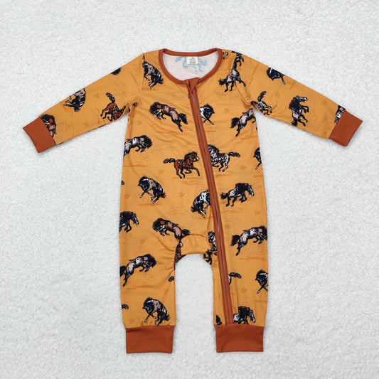 LR1857 Baby Infant Boys Western Horse Zip Bamboo Long Sleeve Romper