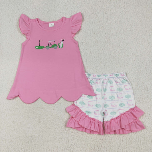 GSSO2660 Embroidery Baby Girls Pink Flutter Sleeves Golf Truck Tunic Ruffle Shorts Set 7.7