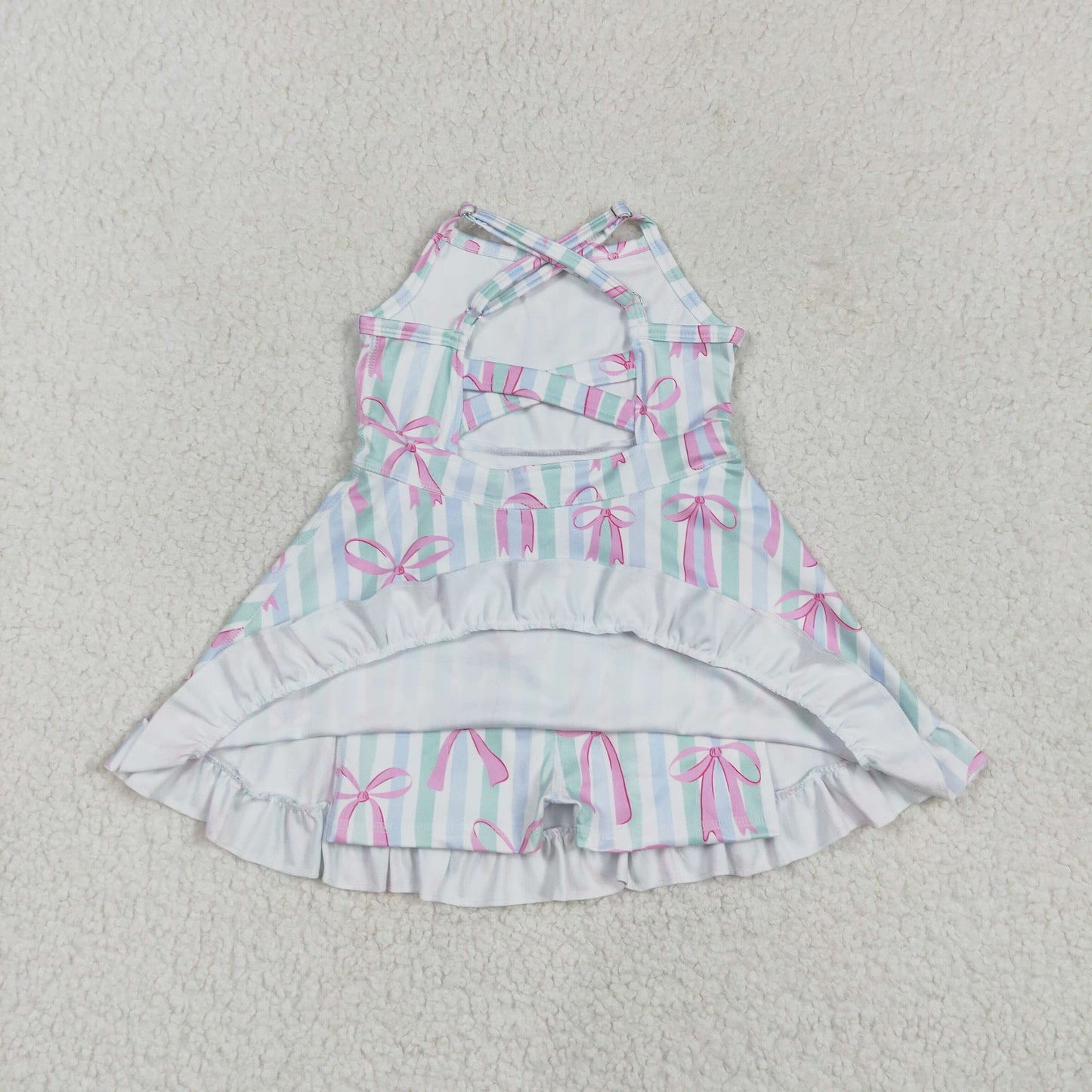 GSD2297 Baby Girls Strap Green Bow Stripe Pink Bows Yoga Ruffle Knee Length Dress 4.18