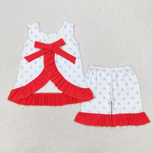 GSSO1217 4th of July Star red lace bow white sleeveless shorts suit