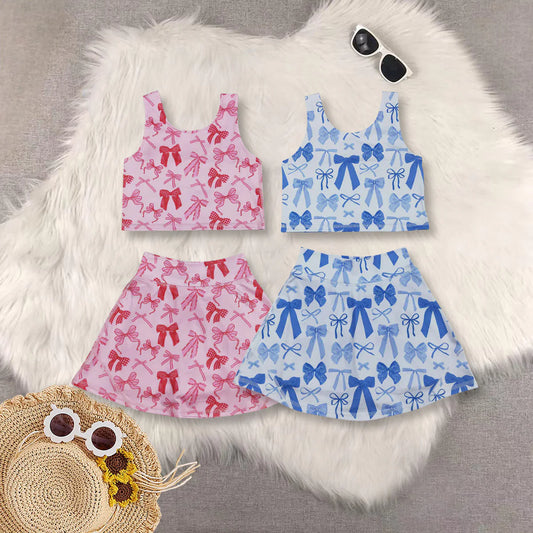 Sibling Baby Girls Sleeveless Blue Pink Bows Vest Top Yoga Athletic Skorts Sets C9.2