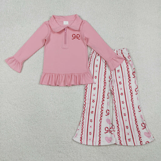 GT1270+P0894 Embroidery Bow Baby Girls Pink Zipper Pullovers Stripe Bell Bottom Pants Valentines Clothes Set C11.20
