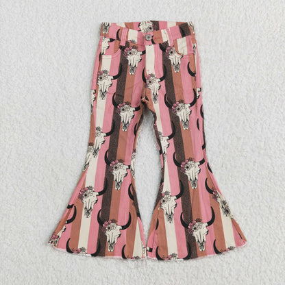 P0437 Baby Girls Aztec Western Cow Skull Bell Flare Denim Pants 5.5