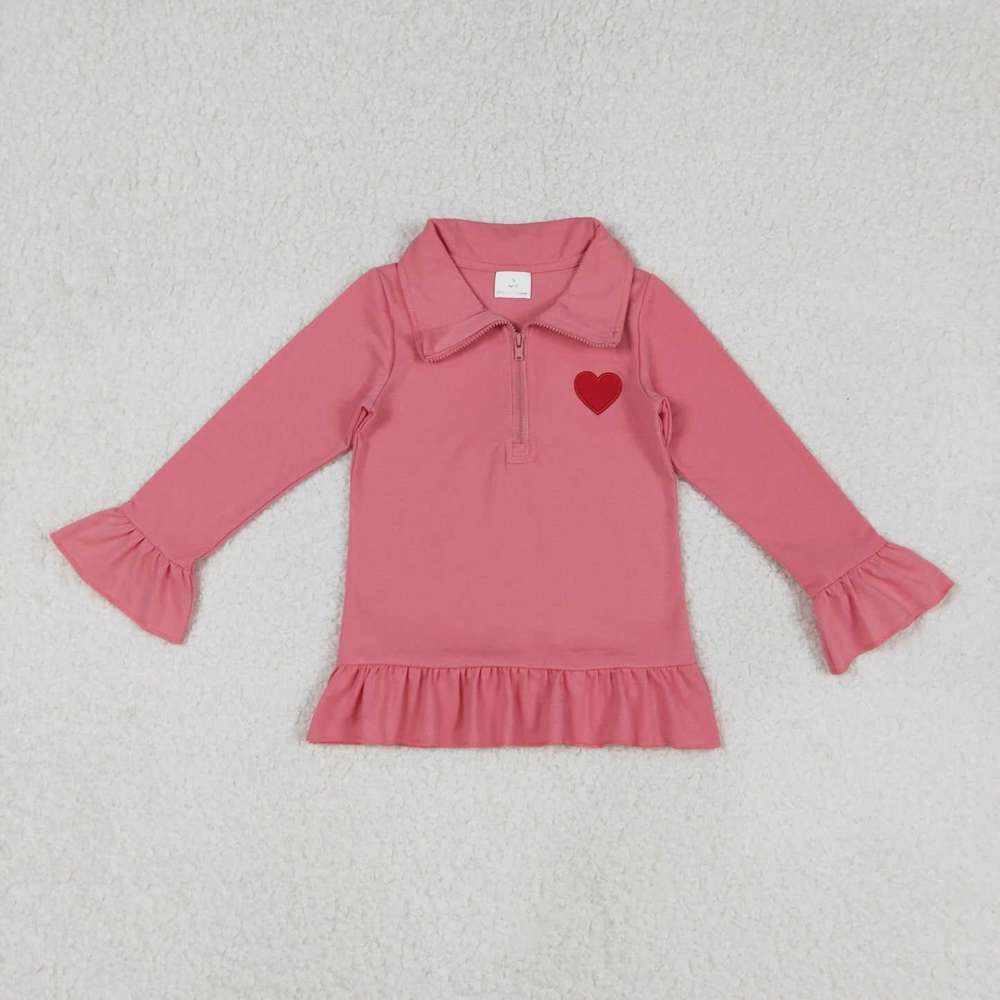 GT1271 Embroidery Baby Girls Pink Long Ruffle Sleeve Hearts Zipper Valentine Pullovers Top C11.20