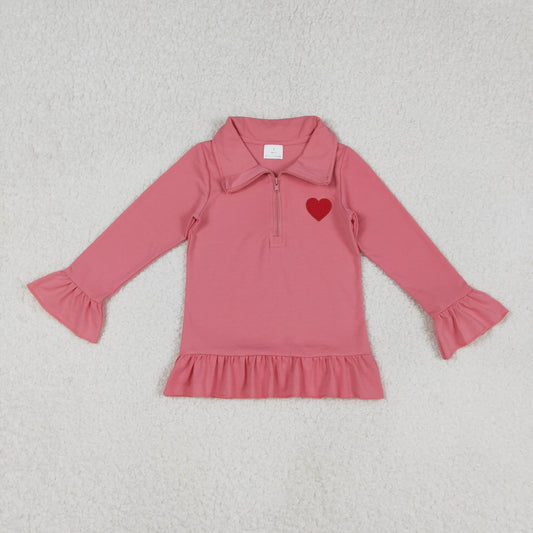 GT1271 Embroidery Baby Girls Pink Long Ruffle Sleeve Hearts Zipper Valentine Pullovers Top C11.20