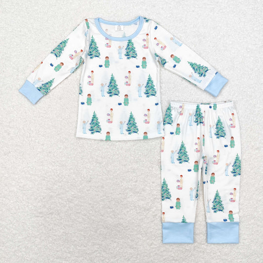 BLP0633 Bamboo Boys Christmas Tree gift Blue and white long sleeve pants pajamas set