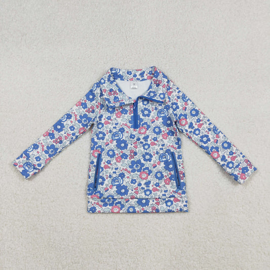 GT1192 Baby Girls Blue Floral Zipper Pockets Yoga Pullovers Top C10.10