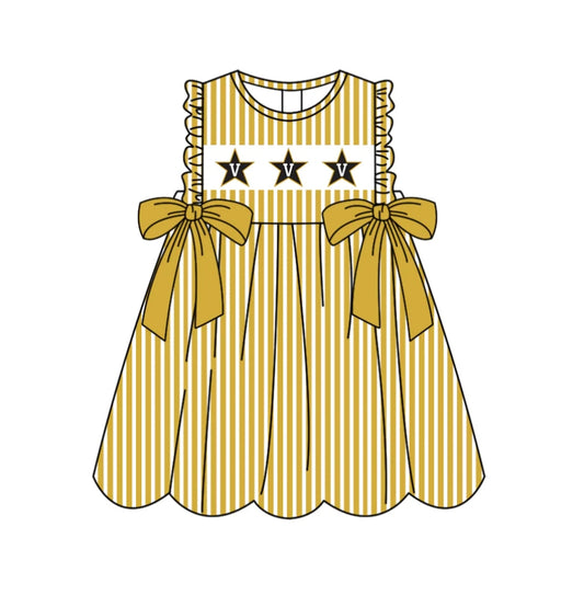 C11.28 Custom Moq 5 Baby Girls Sleeveless Gold Stripe V Stars Bows Team Knee Length Dresses