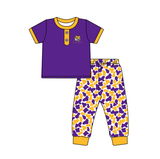 C11.27 Custom Moq 8 Baby Boys Purple LSU Tiger Button Top Camo Pants Team Clothes Sets