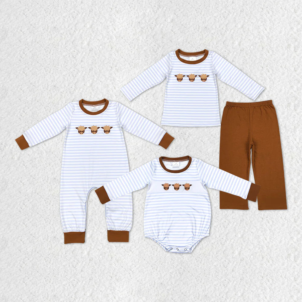Sibling Baby Boys Stripe Embroidery Highland Cows Pants Western Clothes Sets Rompers C11.19