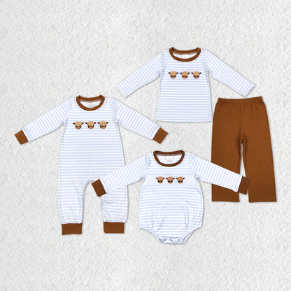 Sibling Baby Boys Stripe Embroidery Highland Cows Pants Western Clothes Sets Rompers C11.19