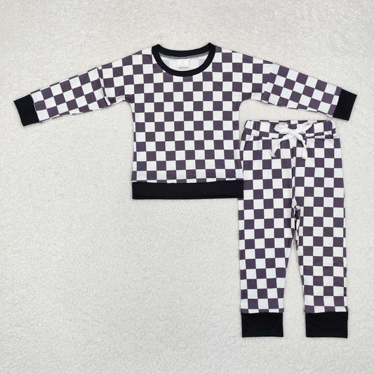 BLP0786 Baby Boys Black Checkered Top Pants Pajamas Outfits Set