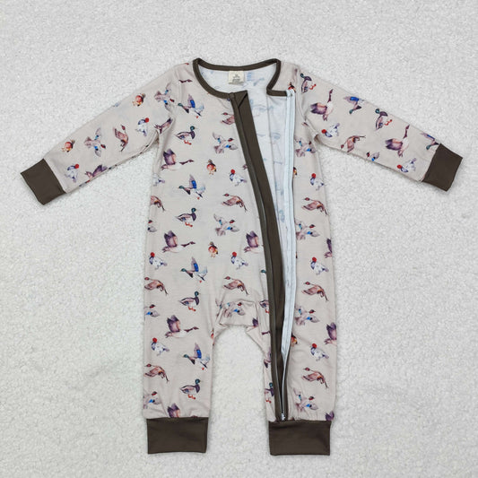 LR1880 Baby Infant Boys Grey Fall Ducks Hunting Bamboo Zip Romper