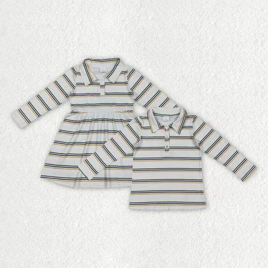 Sibling Baby Boys Girls Mardigras Stripe Button Knee Length Dresses Polo Shirts Top C11.1
