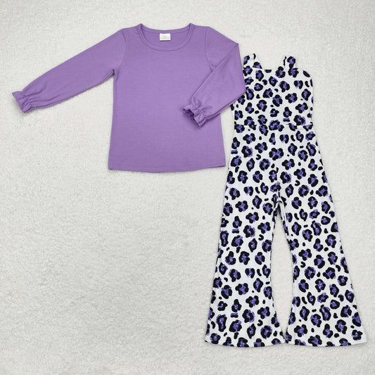 GT0645+SR1932 Purple solid color long sleeve leopard print back strap jumpsuit set