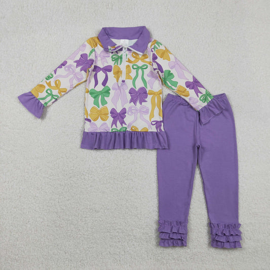 GLP2823 Baby Girls Mardi Gras Bows Zipper Pullover Ruffle Legging Clothes Set C11.24