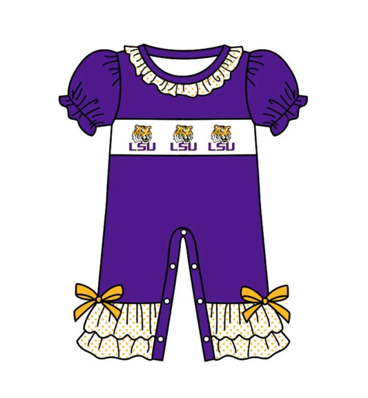 Baby Infant Girls LSU Tiger Team Purple Checkered Sleepers Rompers Preorder(moq 3)
