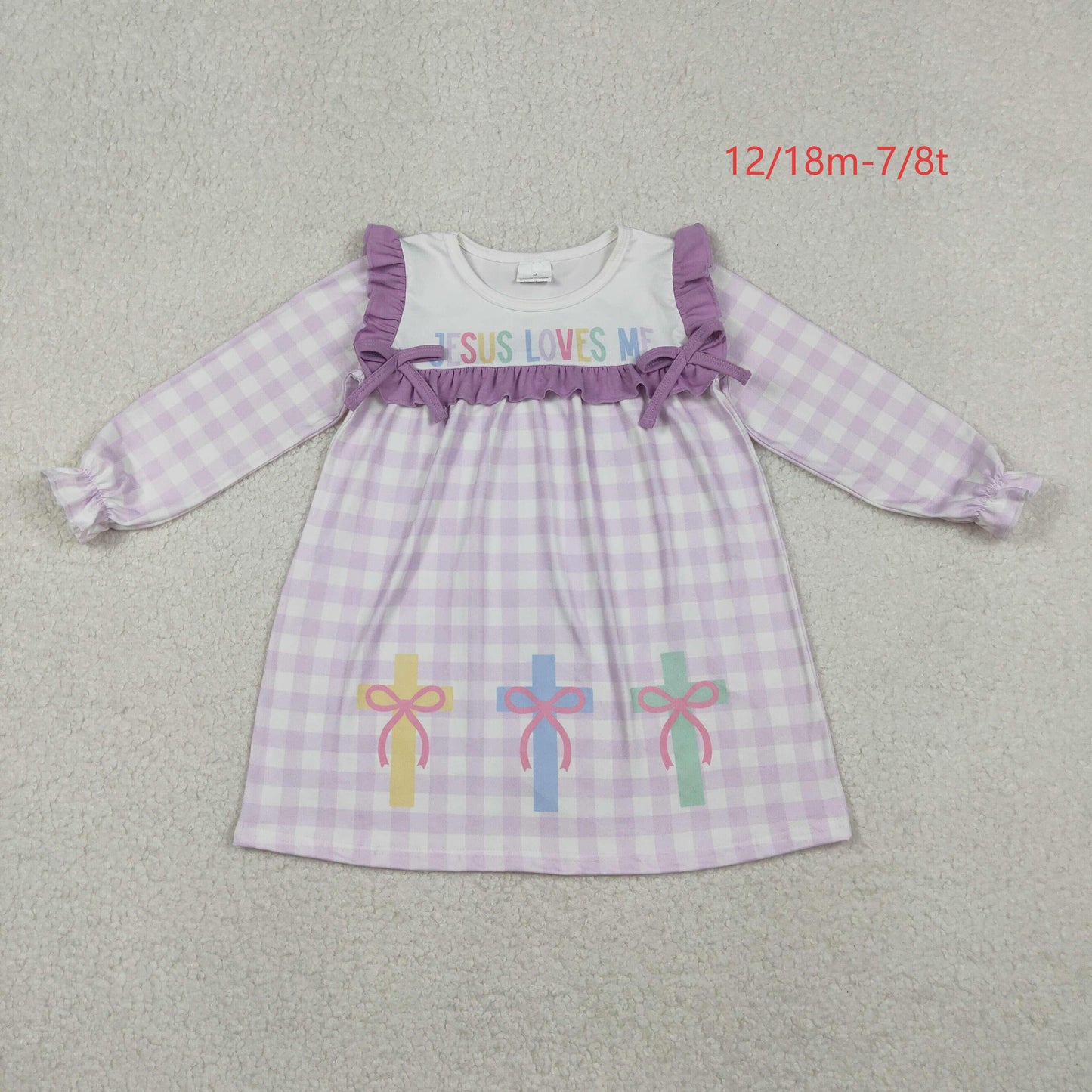 GLD1356 Baby Girls Lavender Checked Jesus Love Me Cross Knee Length Dress C10.25