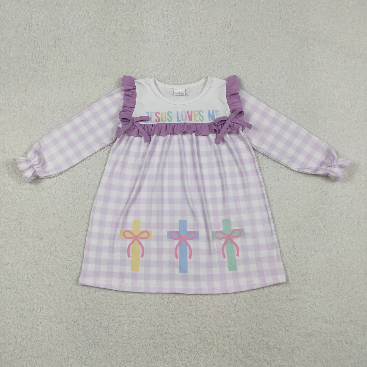 GLD1356 Baby Girls Lavender Checked Jesus Love Me Cross Knee Length Dress C10.25