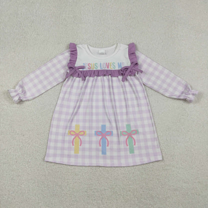 GLD1356 Baby Girls Lavender Checked Jesus Love Me Cross Knee Length Dress C10.25