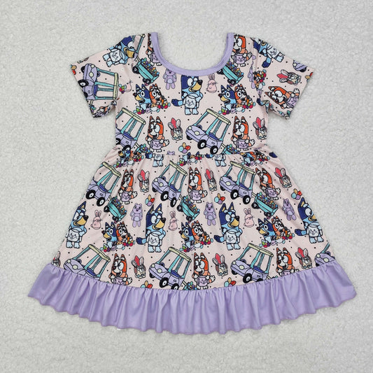 GSD1491 Baby Girls Purple Dog Easter Rabbits Knee Length Dress