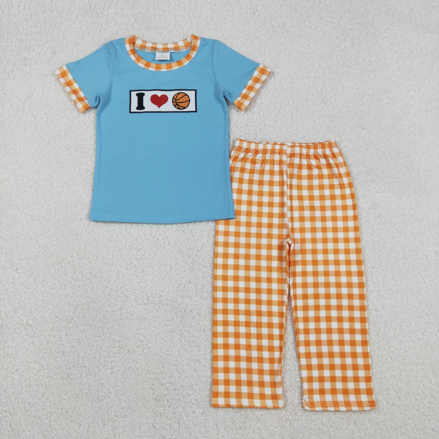 BSPO0619 Embroidery I Love Basketball Baby Boys Top Checked Pants Team Clothes Set C12.11