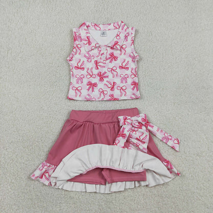 RTS GSD3480 Baby Girls Bows Checked Button Top Ruffle Skirt Shorts Yoga Active Clothes Sets