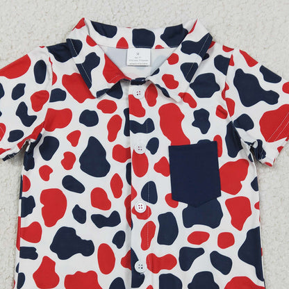 RTS BT1656 Baby Boys Red Blue Cow Print 4th of July Button Pocket Shirts Top
