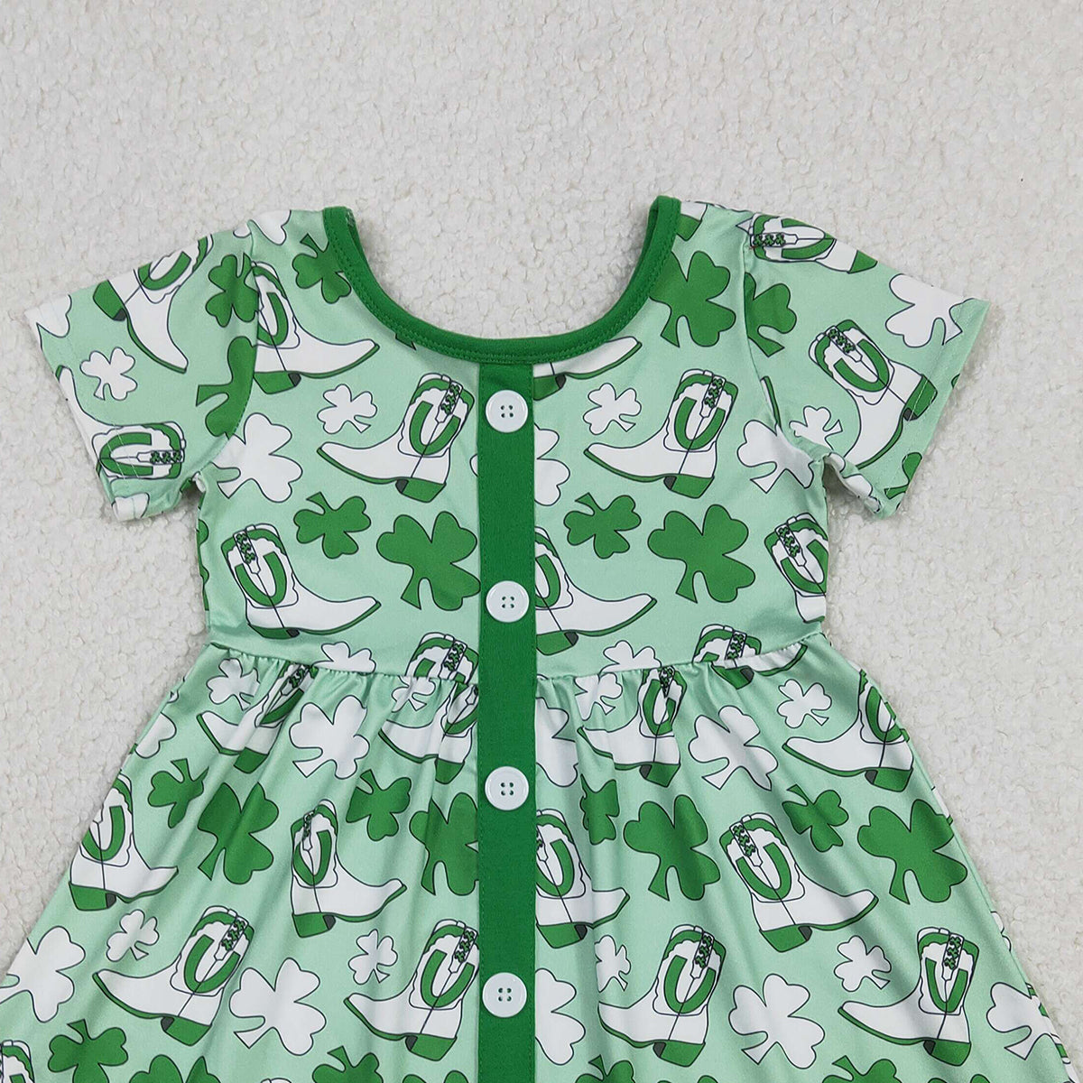 RTS GSD3404 Baby Girls Green Clovers Boots St Patrick Ruffle Knee Length Dresses