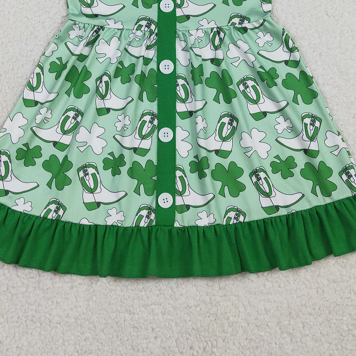 RTS GSD3404 Baby Girls Green Clovers Boots St Patrick Ruffle Knee Length Dresses