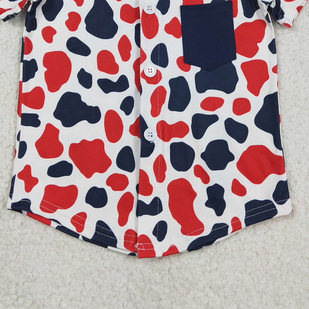 RTS BT1656 Baby Boys Red Blue Cow Print 4th of July Button Pocket Shirts Top