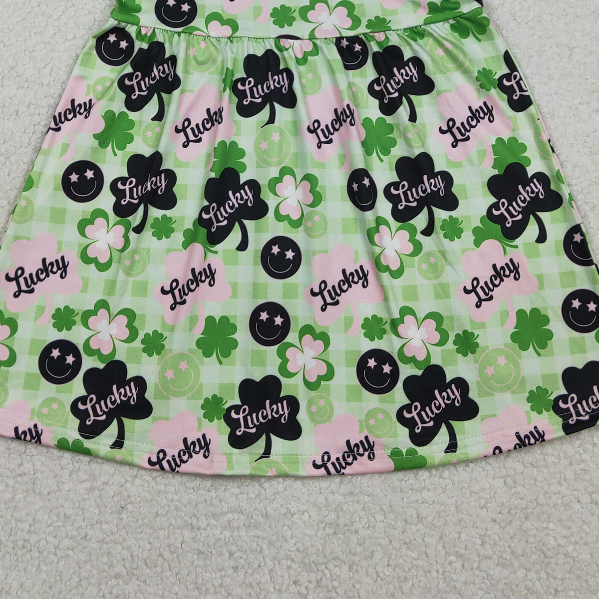 RTS GSD2840 Baby Girls Green Checked Clovers Lucky St Patrick Knee Length Dresses