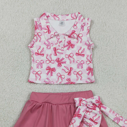 RTS GSD3480 Baby Girls Bows Checked Button Top Ruffle Skirt Shorts Yoga Active Clothes Sets